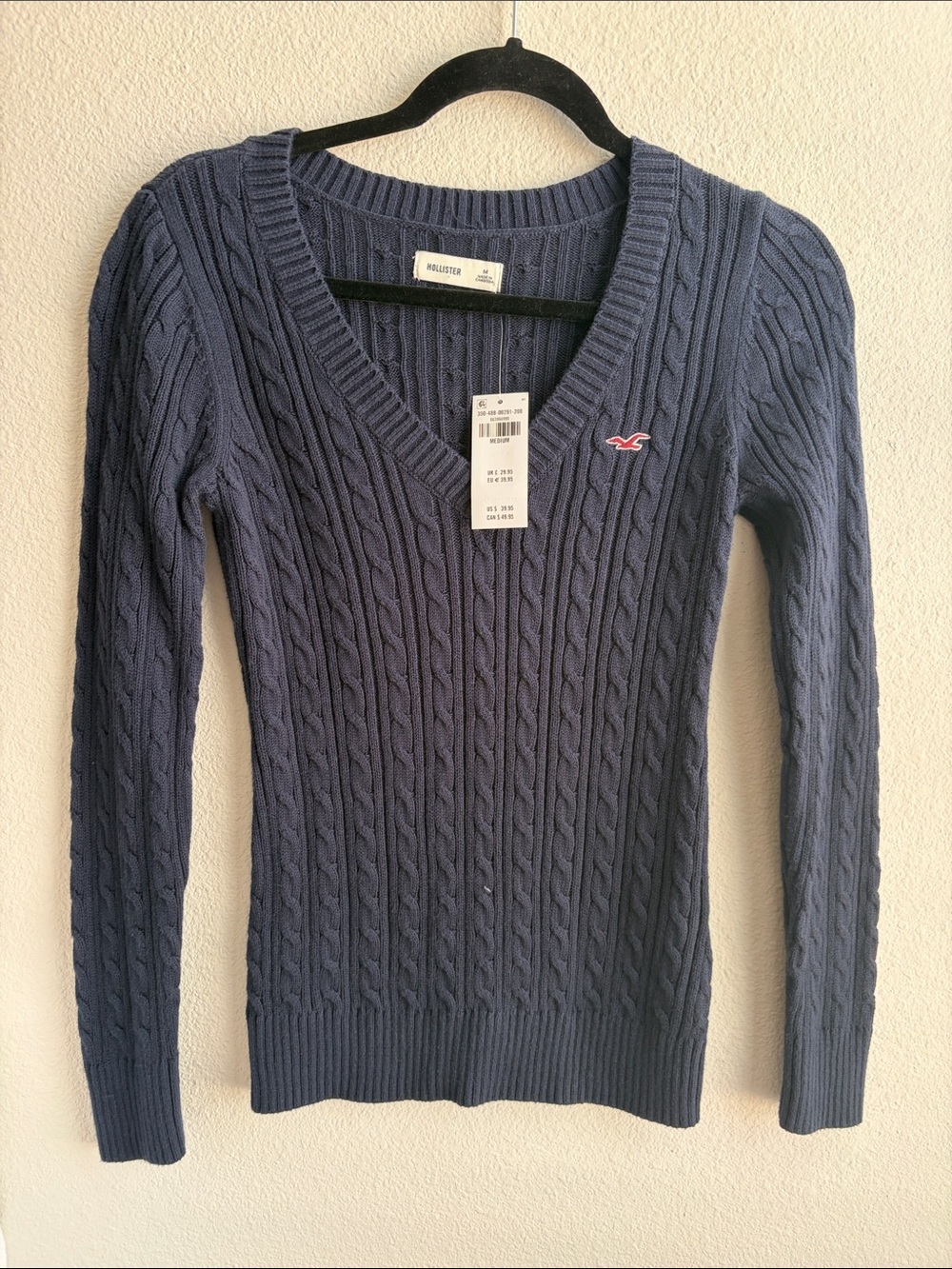 NWT Hollister Navy Cable-Knit V-Neck Sweater with Pink Logo